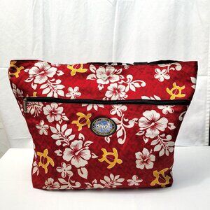 Hawaii Spirit Red Hibiscus & Honu Sea Turtle Tote Bag Large Zippered Beach Bag